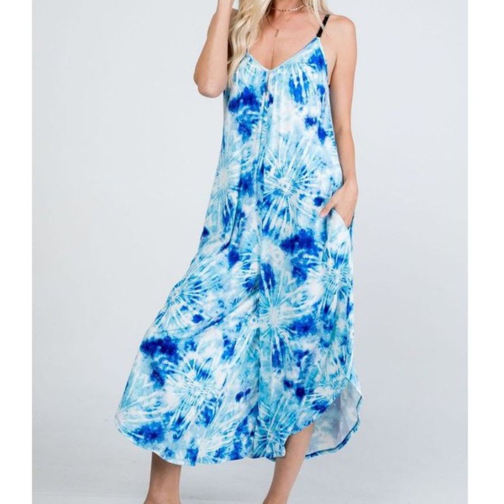 Tie Dye Blue/White V-Neck Jumpsuit with Pockets - Picture 4 of 7